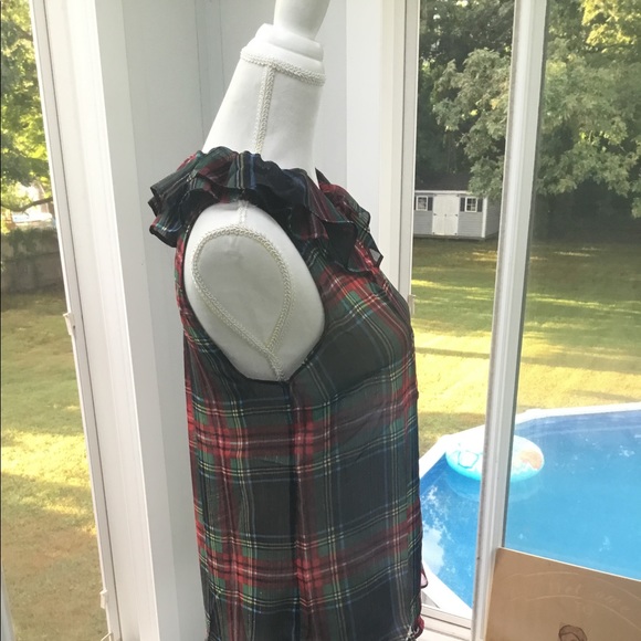 J.Crew Sleeveless Ruffle-Collar Tank & Button Up Black Red Green Tartan Camisole - Picture 5 of 13